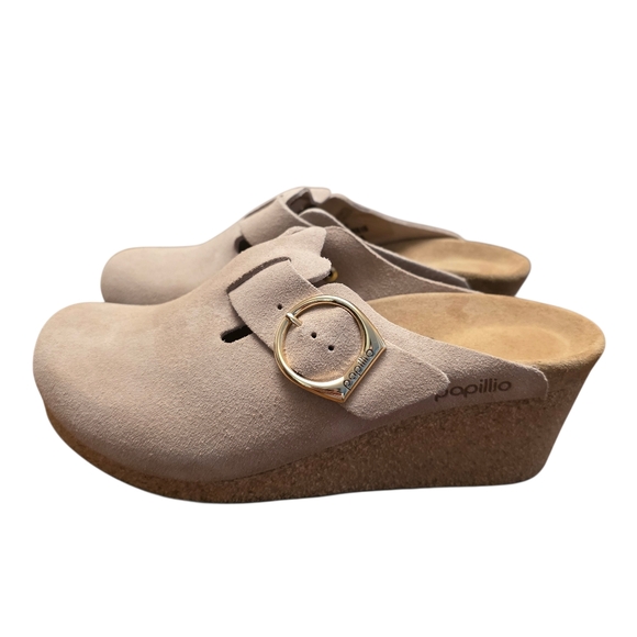 Birkenstock Fanny Tan Suede Wedge Clogs with Gold Buckle Size 8 - Picture 2 of 10